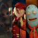 Five images edited together, from left to right: Satan in a santa suit, a baby elf, a suave Santa, a green-skilled alien, and a cold, young boy on a snowy landscape.
